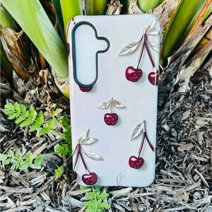 Galaxy S25 Cherry-Print Protective Phone Case in White and Red